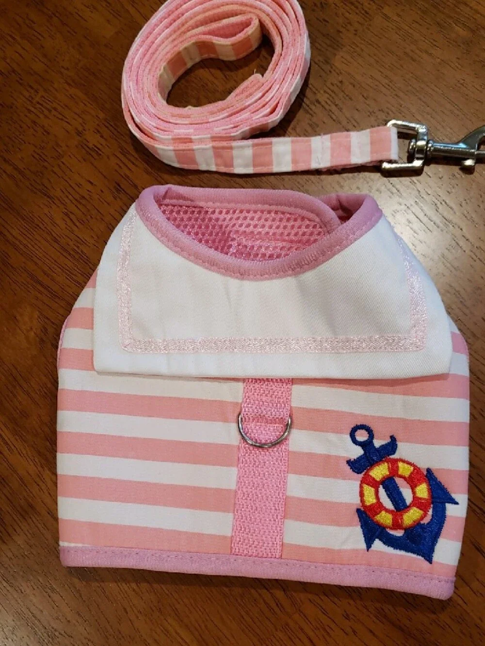 Pink Striped Sailor Look Dog Harness & Leash Set